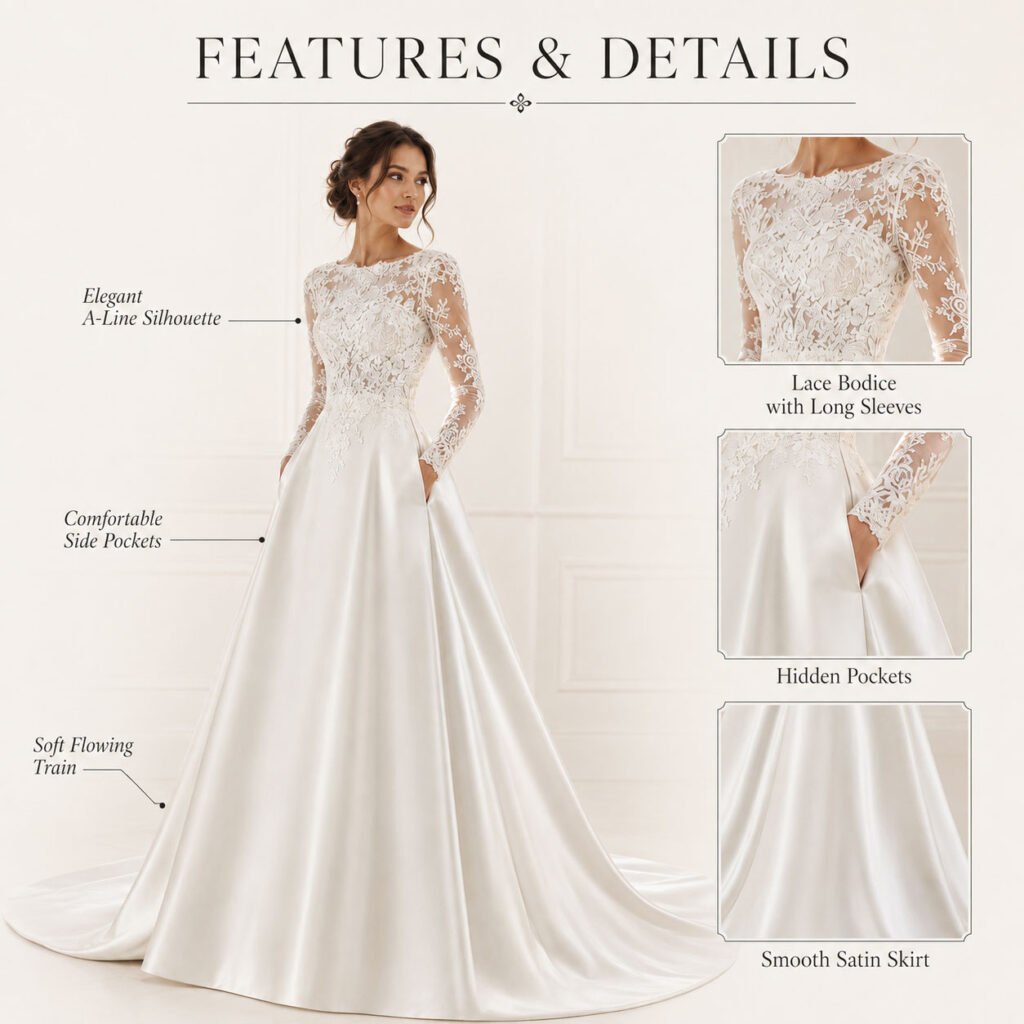Elegant A-Line Long Sleeve Lace Wedding Dress with Deep V Back and Graceful Train