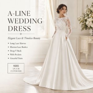 Elegant A-Line Long Sleeve Lace Wedding Dress with Deep V Back and Graceful Train - Image 4