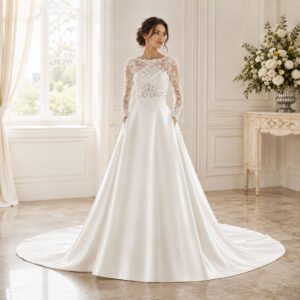 Elegant A-Line Long Sleeve Lace Wedding Dress with Deep V Back and Graceful Train - Image 5