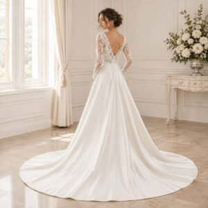 Elegant A-Line Long Sleeve Lace Wedding Dress with Deep V Back and Graceful Train - Image 6