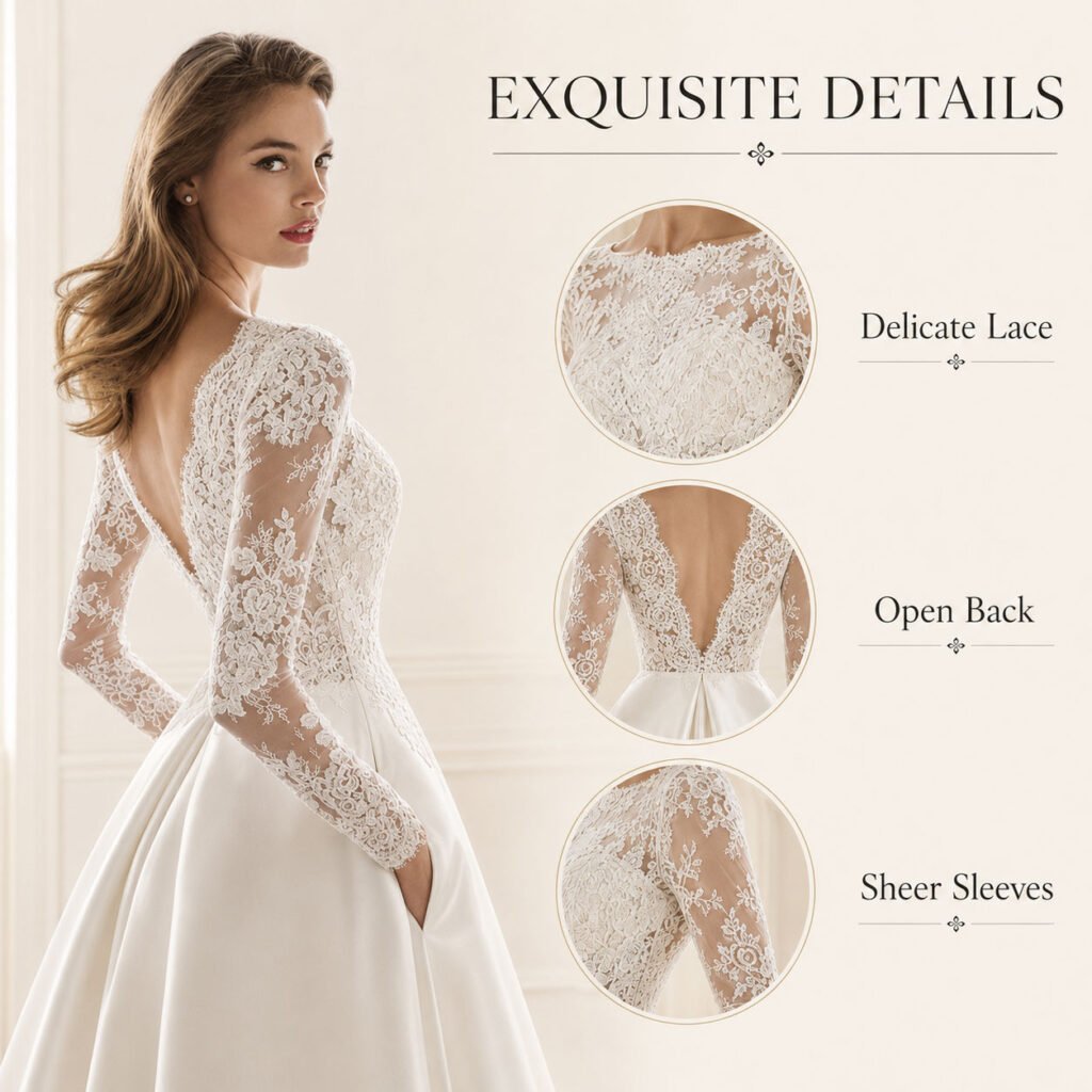 Elegant A-Line Long Sleeve Lace Wedding Dress with Deep V Back and Graceful Train