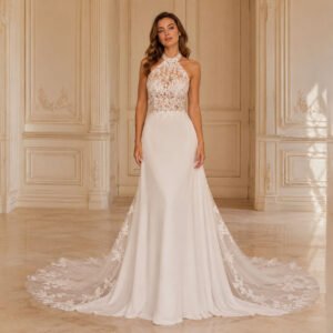 Elegant Halter Neck Lace Wedding Dress with Open Back & Long Floral Lace Train - Image 3