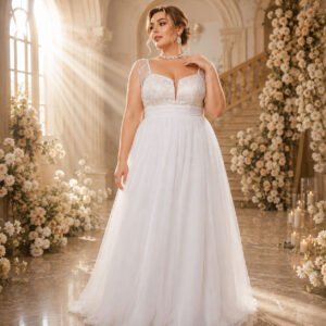 Plus Size A-Line Wedding Dress with Floral Lace Bodice, Beaded Fringe Straps & Soft Tulle Skirt - Image 6